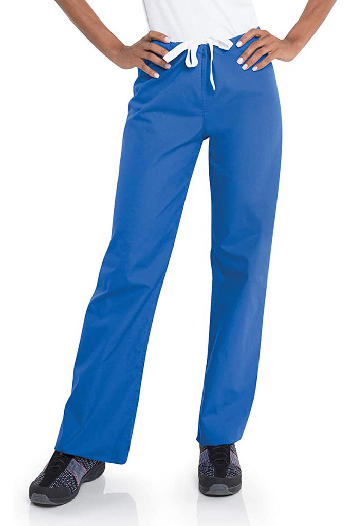 Female healthcare worker wearing a pair of Urbane Essentials Women's Straight-Leg Pants in "Royal Blue" featuring a unique durable fabric that is IL approved.
