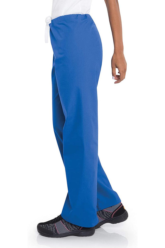 Young lady wearing a pair of Urbane Essentials Women's Straight-Leg Pants in "Royal Blue" featuring a high-rise full drawstring waist.