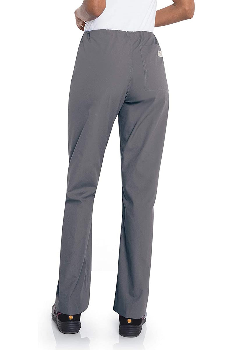 Female healthcare professional wearing a pair of Urbane Essentials Women's Straight-Leg Pants in "Steel Grey'" featuring 1 back patch pocket.