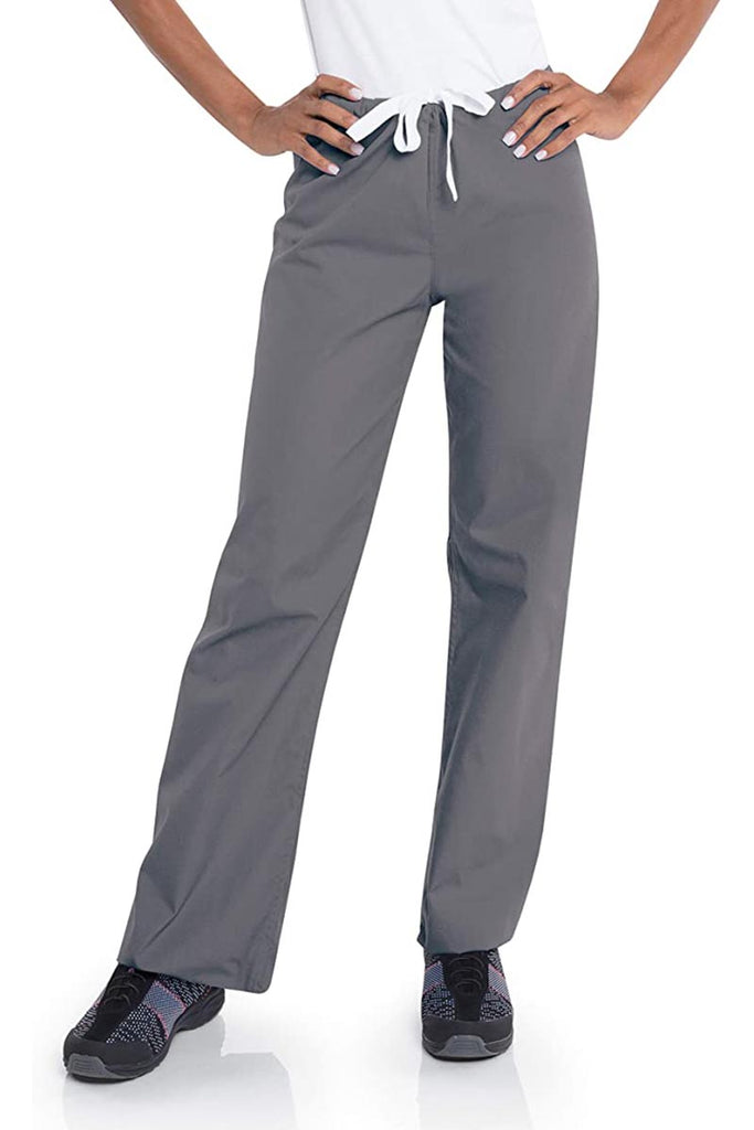 Female healthcare worker wearing a pair of Urbane Essentials Women's Straight-Leg Pants in "Steel Grey" featuring a unique durable fabric that is IL approved.