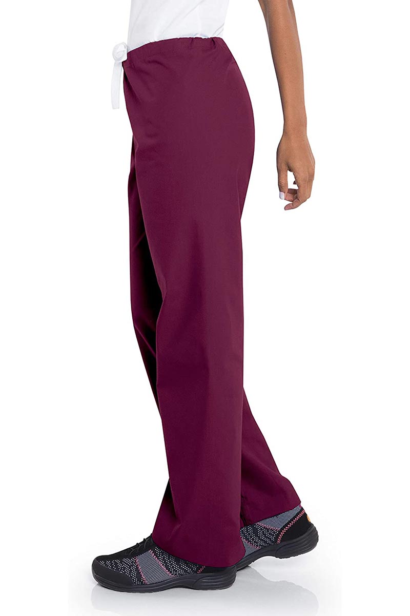 Young lady wearing a pair of Urbane Essentials Women's Straight-Leg Pants in "Wine" featuring a high-rise full drawstring waist.
