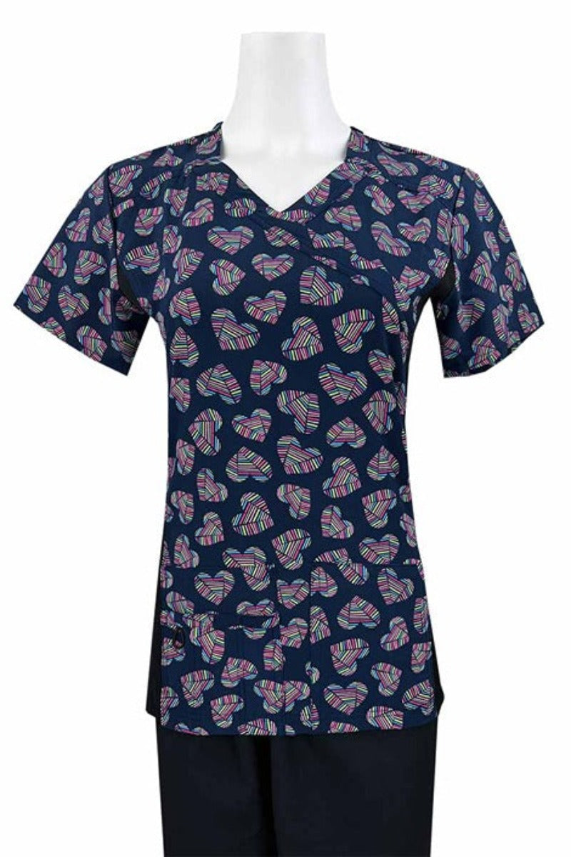 A Women's Mock Wrap Side Panels Scrub Top from Essentials in "The Power of Hearts" featuring side stretch panels & an easy care, quick drying fabric that prevents sagging.
