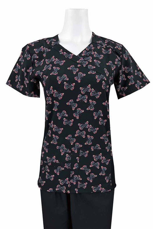 A Women's Mock Wrap Side Panels Scrub Top from Essentials in "Butterfly Flecks" featuring side stretch panels & an easy care, quick drying fabric that prevents sagging.