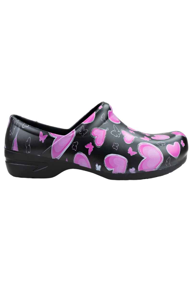 An image of the side of the StepZ Women's Slip Resistant Nurse Clog in "Choose Hope" size 10 featuring a classic slip on style.