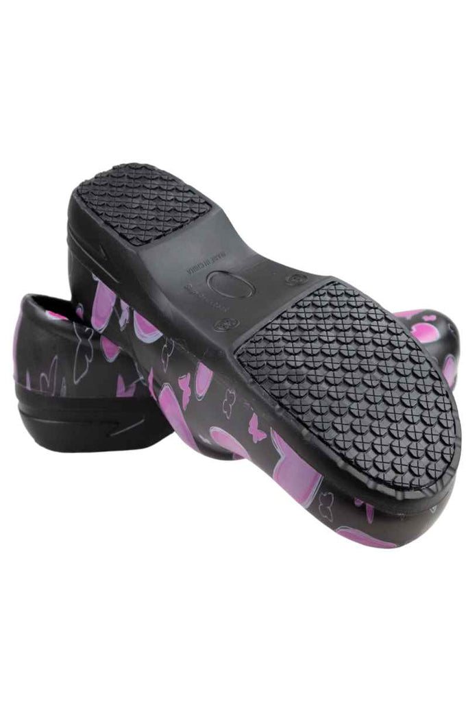 A picture of the bottom and heel of the StepZ Women's Slip Resistant Nurse Clogs in "Choose Hope" size 7 featuring added cushioning & support with a removable foot bed insert.