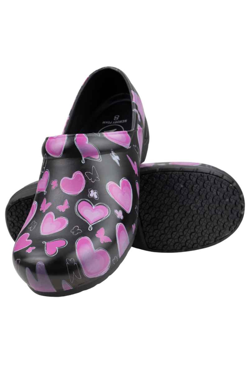 An image of the top & bottom of the StepZ Women's Slip Resistant Nurse Clogs in "Choose Hope" size 8 featuring our patented water-based fluid slip resistant technology.