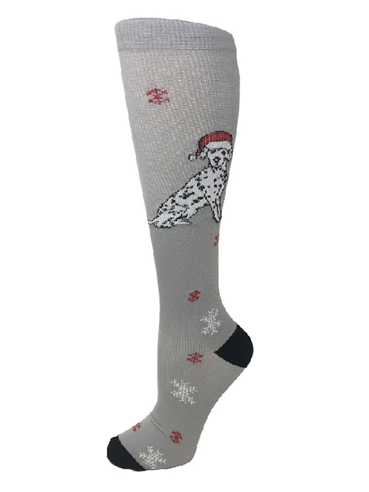 Foot mannequin displaying Compressox Unisex Holiday Compression Socks in grey with Dalmatian & snowflake print