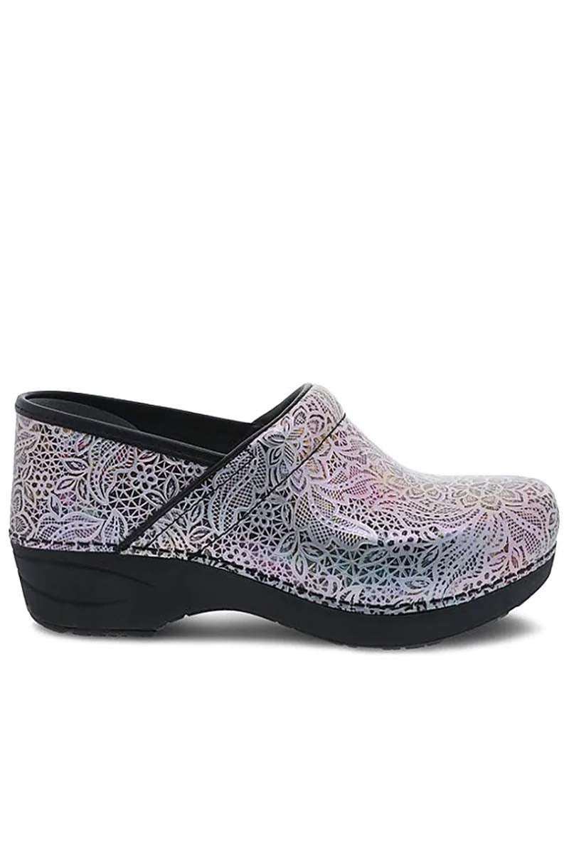 A side view of the Dansko XP 2.0 Nurse Shoe in "Lacy Leather" featuring a patented slip-resistant rubber outsole.
