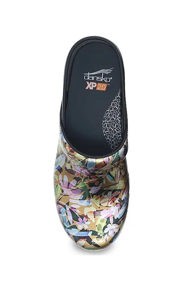 A bird's eye view of the Dansko XP 2.0 Nurse Shoe in "Meadow Patent" featuring a removable dual density PU footbed with Dansko Natural Arch Technology.