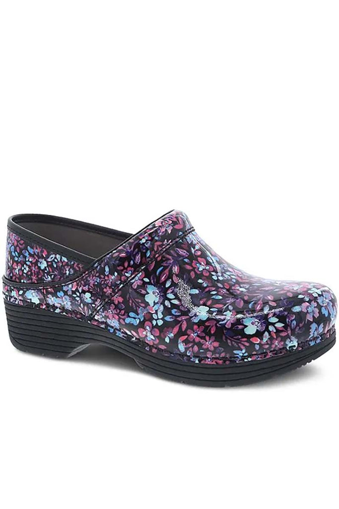 A single Dansko LT Pro Nurse Shoe in "Ditsy Floral Patent" featuring a leather-covered footbed with 6mm energy return PU memory foam for cushioning & patent-pending stapled construction. 