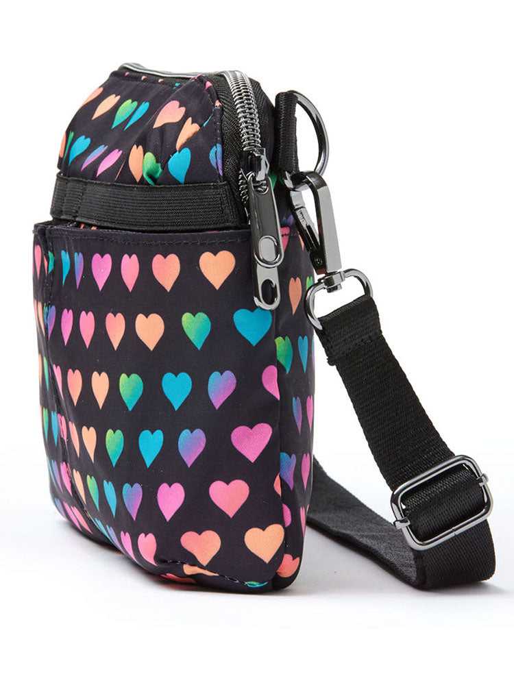 An image of the HeartSoul Convertible Utility Bag in Rainbow Love featuring top zipper closure to ensure your items stored safely and securely.