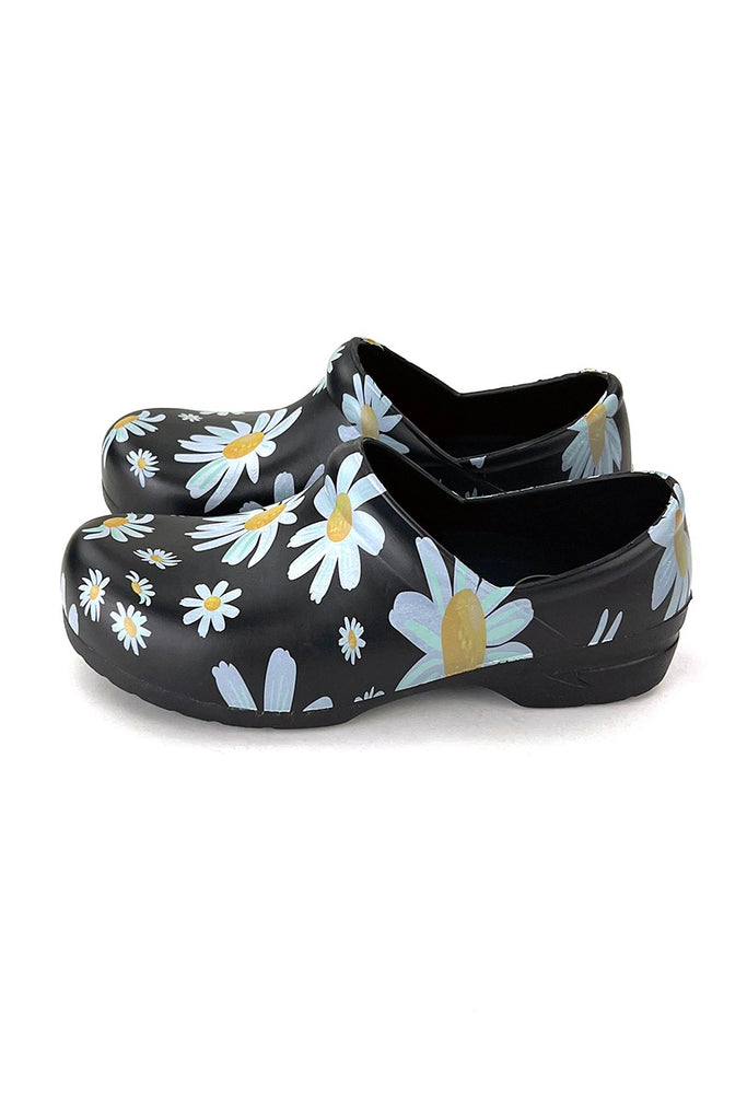 A side view of the StepZ Women's Slip Resistant Memory Foam Clogs in "Daisy Power" featuring a unique EVA construction, engineered to withstand very high temperatures.