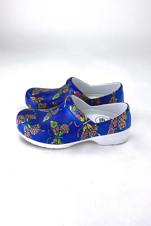 A side view of the StepZ Women's Slip Resistant Memory Foam Clogs in "Butterfly Bouquet" featuring a unique EVA construction, engineered to withstand very high temperatures.