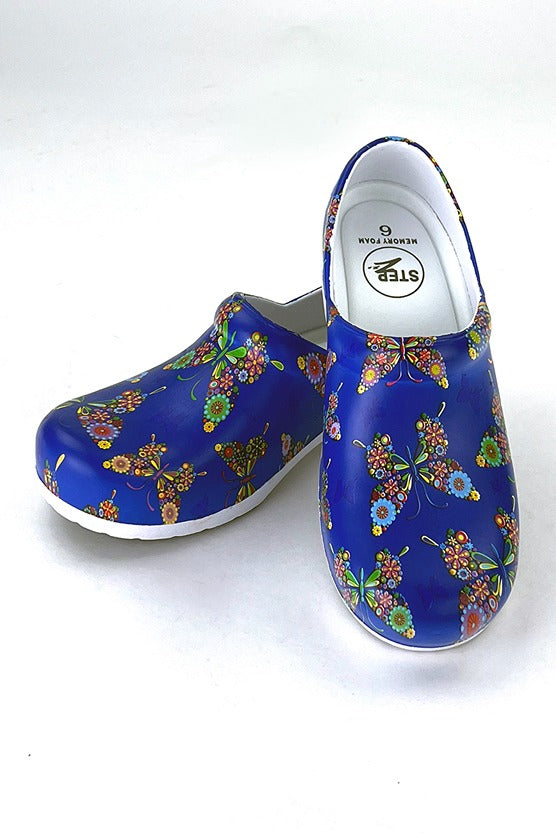 An image of the "Butterfly Bouquet" StepZ Women's Slip Resistant Memory Foam Clog in size 8 featuring patented water-based fluid slip-resistance technology.