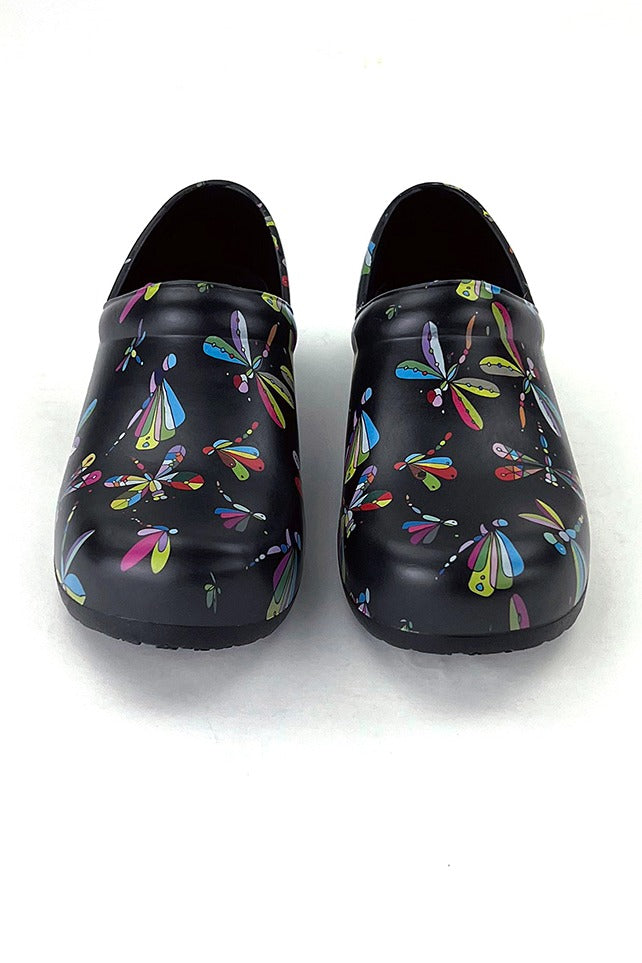 A frontward facing image of the "Jeweled Dragonflies" StepZ Women's Slip Resistant Memory Foam Clogs in size 6 featuring padding in the front & back heel collar.