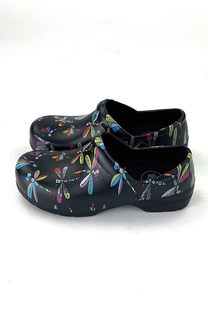 A side view of the StepZ Women's Slip Resistant Memory Foam Clogs in "Jeweled Dragonflies" featuring a unique EVA construction, engineered to withstand very high temperatures.