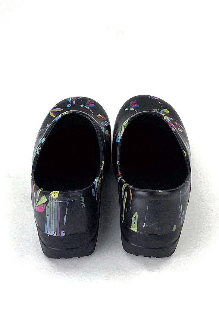 A view of the back of the StepZ Women's Slip Resistant Memory Foam Clog in "Jeweled Dragonflies" size 7 featuring a classic slip-on style & a heel height of roughly 1.5".