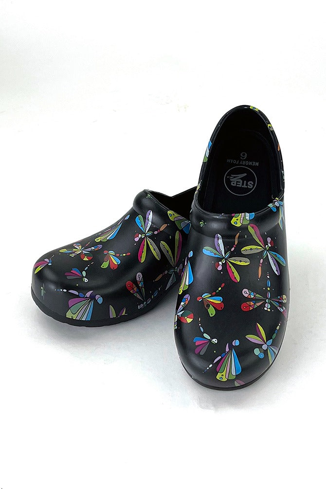 An image of the "Jeweled Dragonflies" StepZ Women's Slip Resistant Memory Foam Clog in size 8 featuring patented water-based fluid slip-resistance technology.