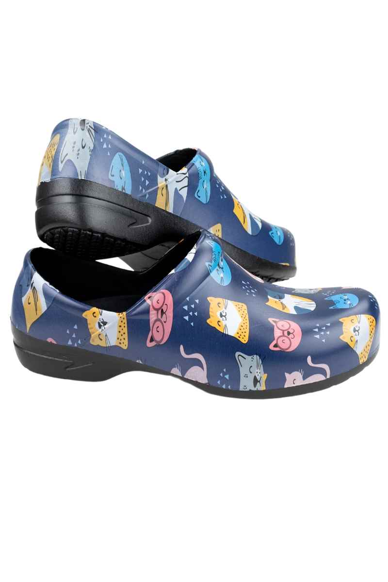 A picture of the side of a StepZ Women's Slip Resistant Nurse Clogs in "Meow Z's" size 7 featuring a heel height of 1.5".