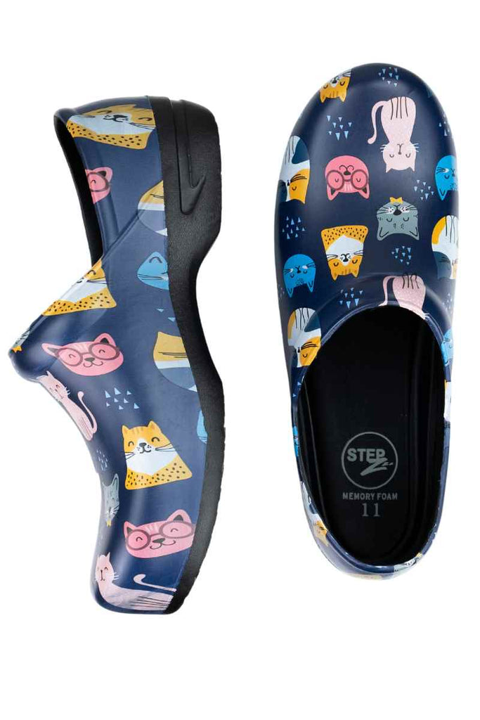 An image of the side & bottom of the StepZ Women's Slip Resistant Nurse Clogs in "Meow Z's" size 8 featuring our patented water-based fluid slip resistant technology.