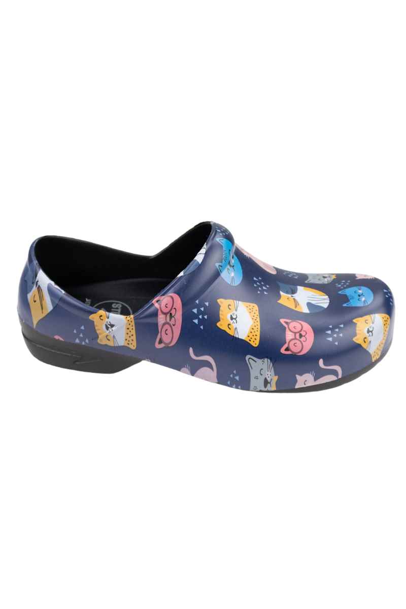 An image of the side of the StepZ Women's Slip Resistant Nurse Clog in "Meow Z"s" size 10 featuring a classic slip on style.