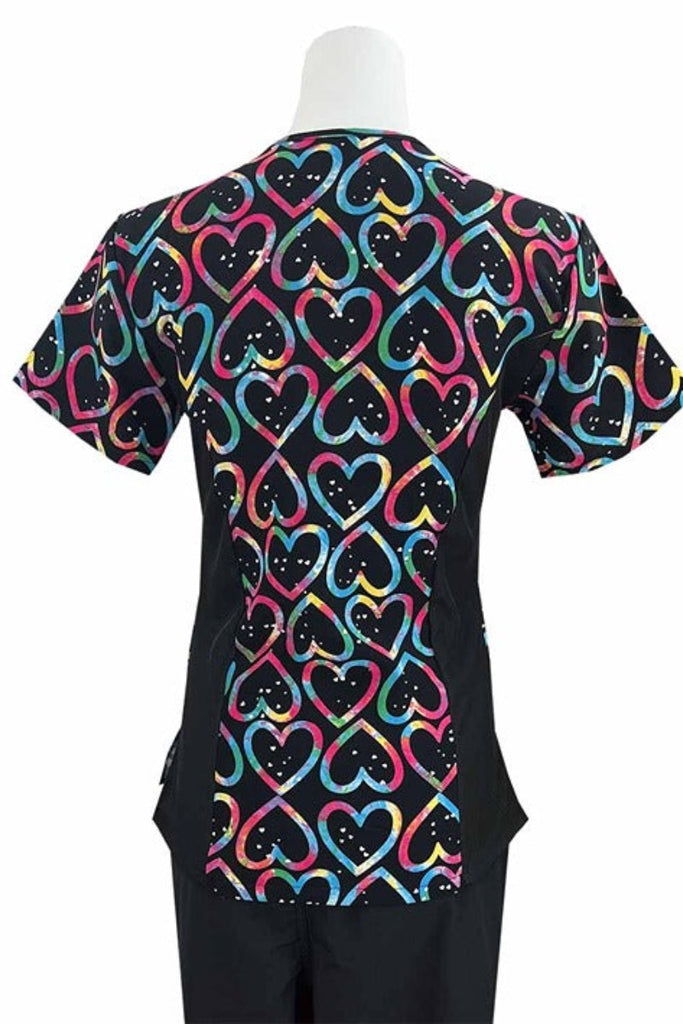 An Essentials Women's Zip Neck Scrub Top in "Joyful Hearts" featuring 2 front patch pockets for all of you on the go storage needs.