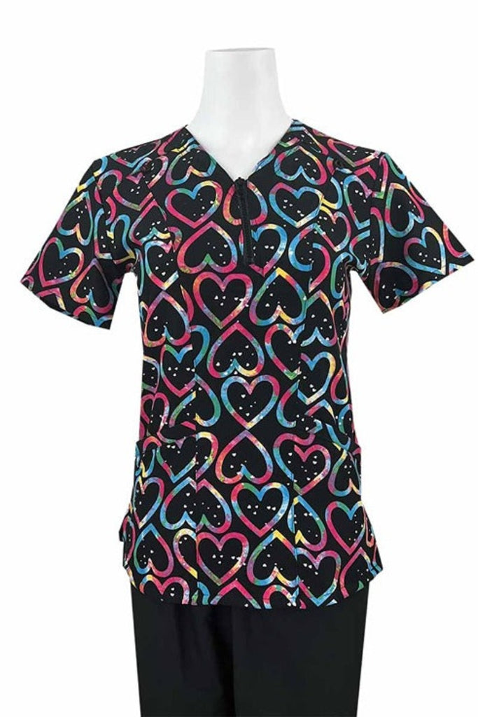 A Women's Zip Neck Scrub Top from Essentials in "Joyful Hearts" featuring a chic zip up neckline & stylish seaming throughout.