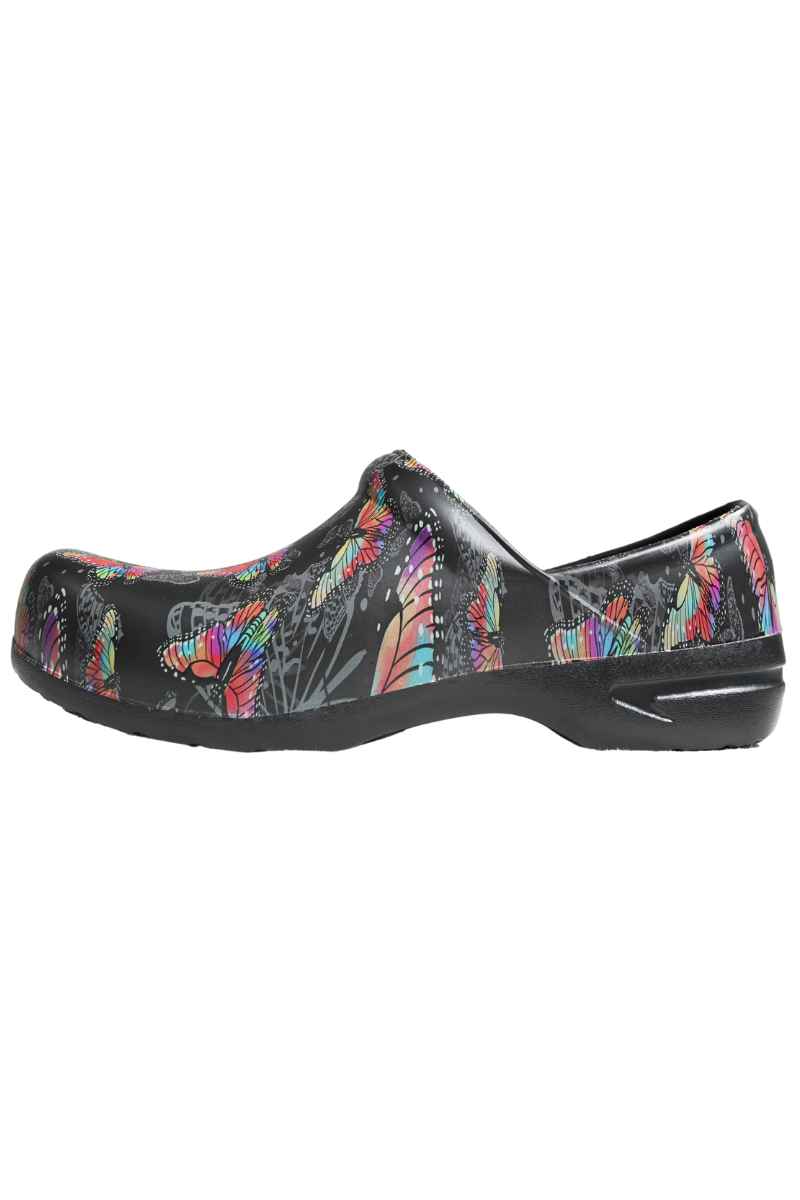 An image of the side of the StepZ Women's Slip Resistant Nurse Clog in "Monarch Flight" size 10 featuring a classic slip on style.