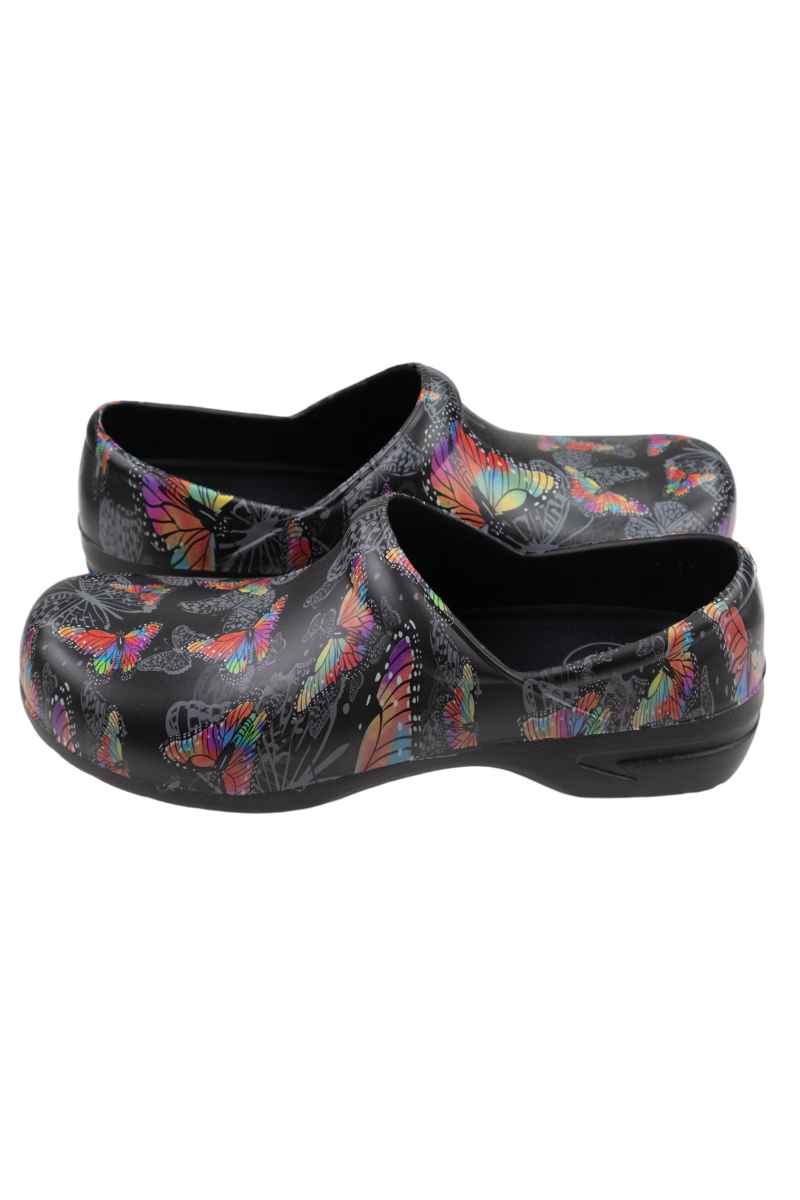 A picture of the side of a StepZ Women's Slip Resistant Nurse Clogs in "Monarch Flight" size 7 featuring a heel height of 1.5".