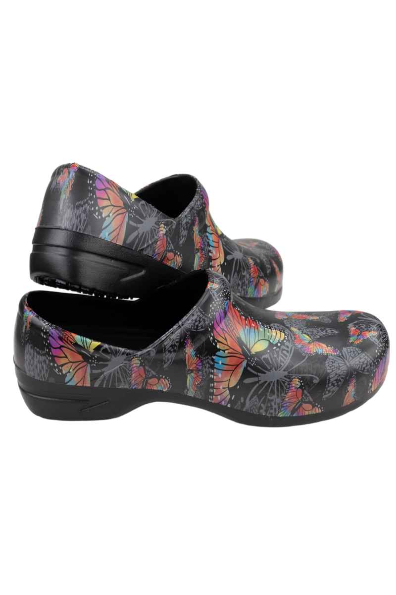 An image of the top & bottom of the StepZ Women's Slip Resistant Nurse Clogs in "Monarch Flight" size 8 featuring our patented water-based fluid slip resistant technology.