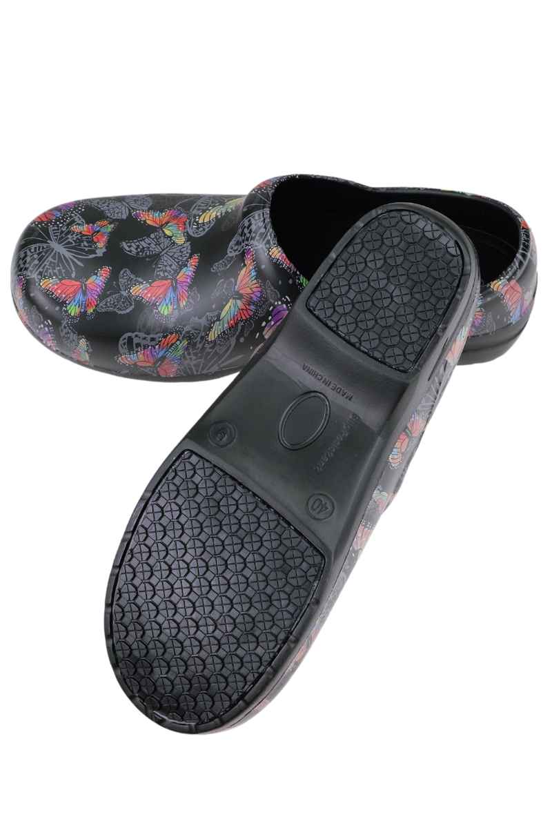 A picture of the bottom and heel of the StepZ Women's Slip Resistant Nurse Clogs in "Monarch Flight" size 7 featuring added cushioning & support with a removable foot bed insert.