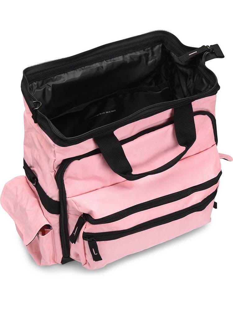 A top down picture of the Nurse Mates Ultimate Medical Bag in "Blossom Pink" featuring a large hinged mouth for all of your on the go storage needs.