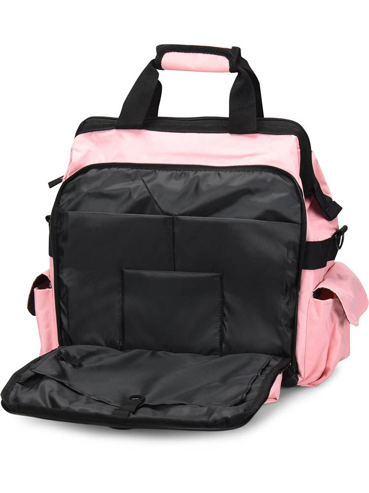 A picture of the Ultimate Medical Bag from NurseMates in "Blossom Pink" featuring a padded laptop compartment.