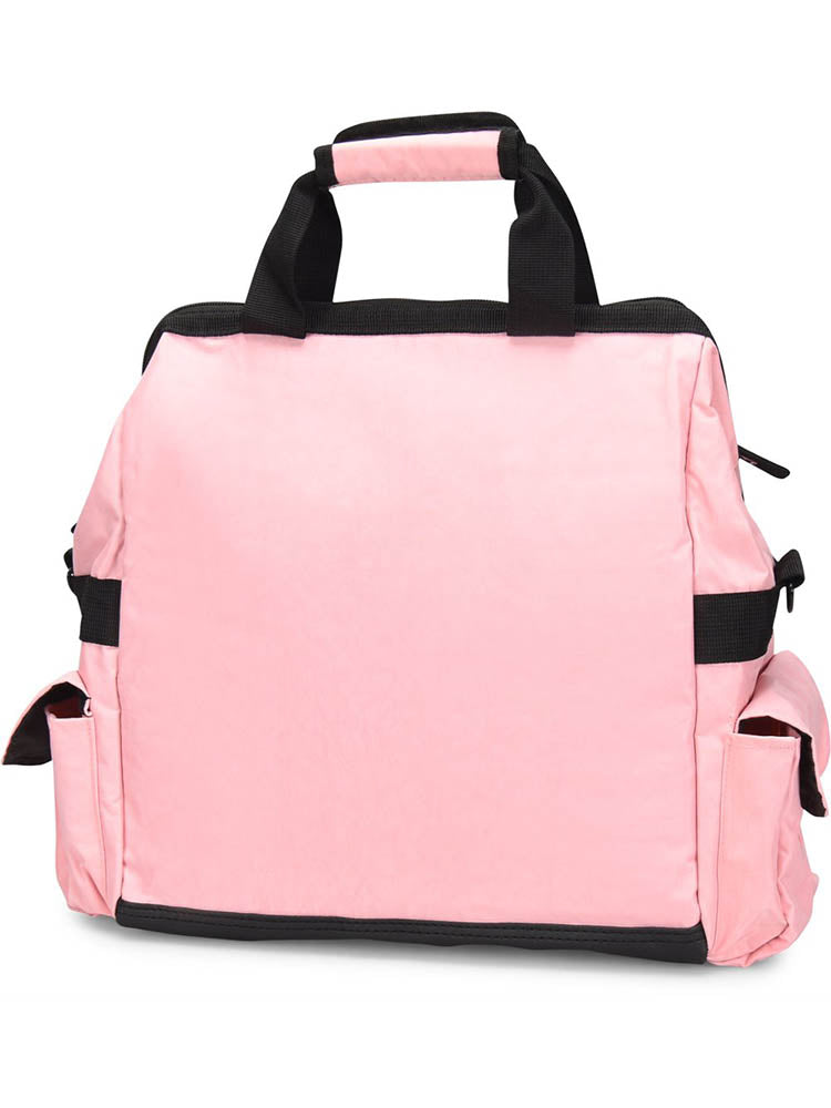 An image of the NurseMates Ultimate Medical Bag from the back in "Blossom Pink" featuring heavy duty zippers & multiple compartments for maximum storage room.