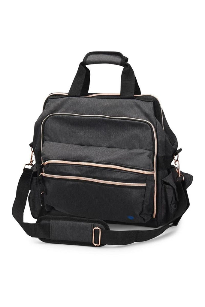 A frontward facing image of the Ultimate Medical Bag from NurseMates in "Charcoal\Rose Gold" featuring a hardwearing shoulder strap with heavy duty zippers & multiple compartments for maximum storage room.