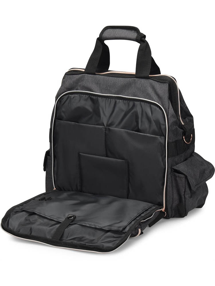 A picture of the Ultimate Medical Bag from NurseMates in "Charcoal\Rose Gold" featuring a padded laptop compartment.