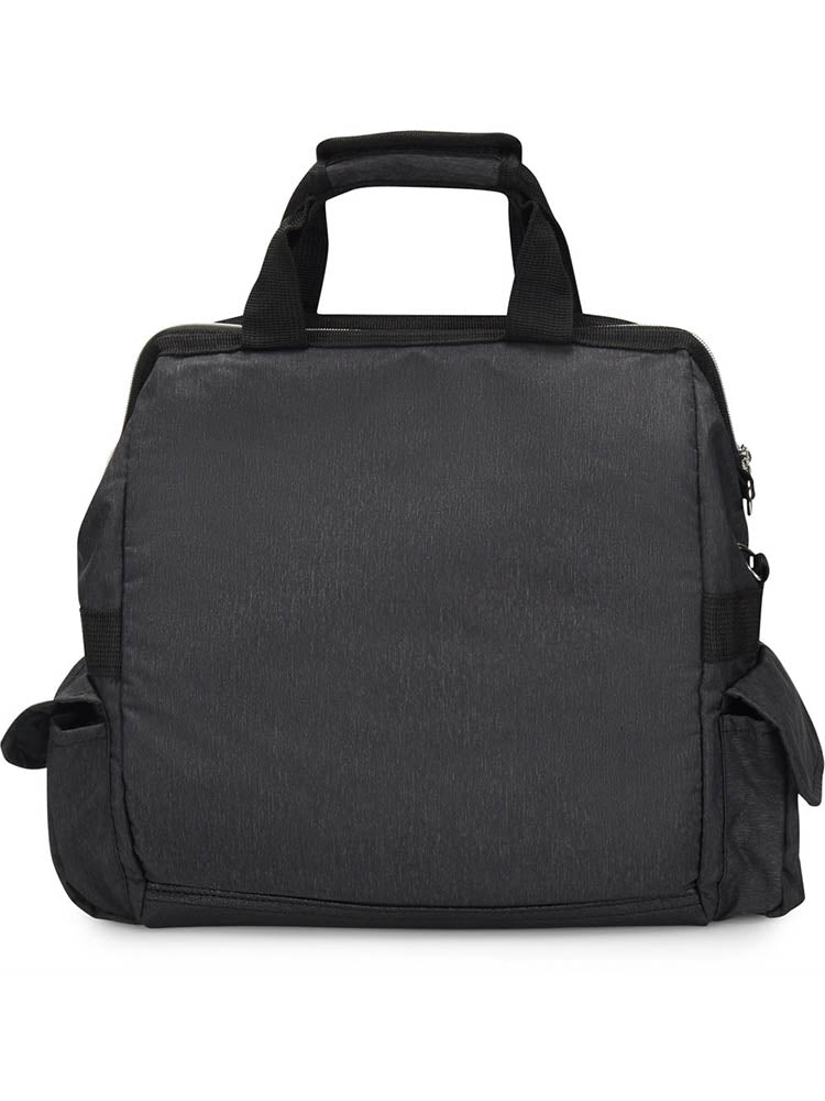 An image of the NurseMates Ultimate Medical Bag from the back in "Charcoal\Rainbow" featuring heavy duty zippers & multiple compartments for maximum storage room.