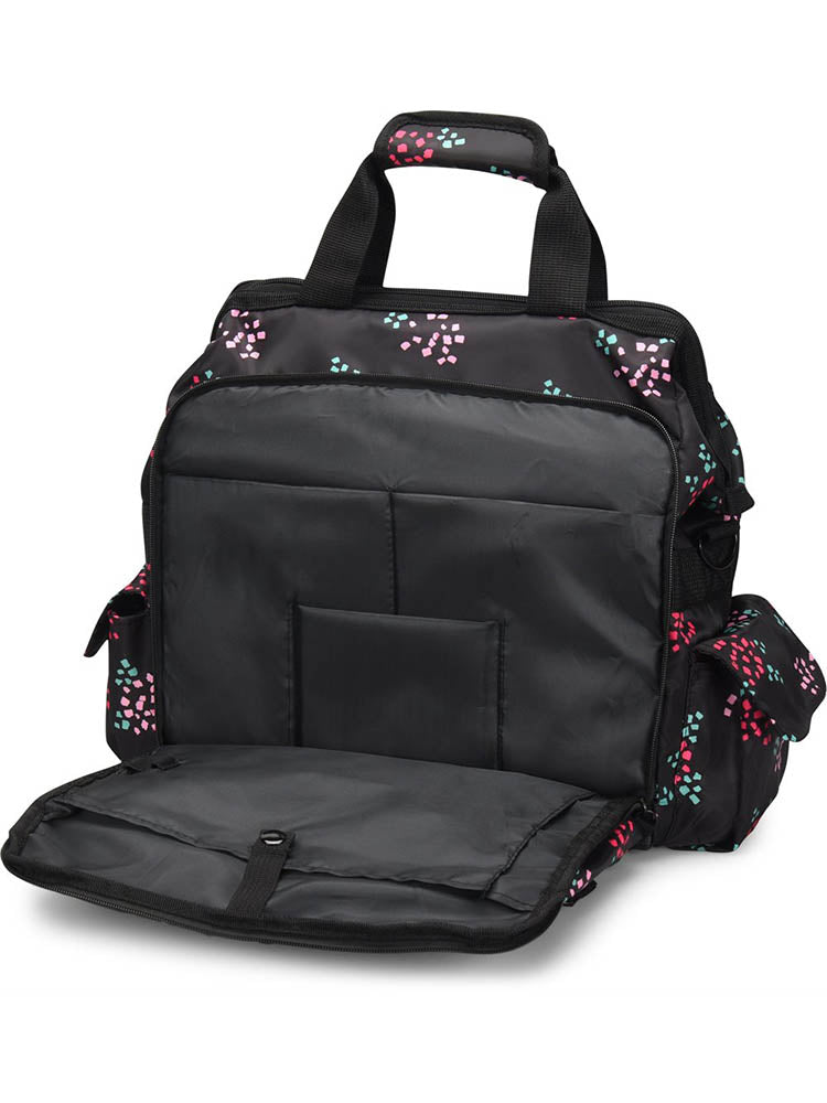 A picture of the Ultimate Medical Bag from NurseMates in "Confetti Flower with Ribbon" featuring a padded laptop compartment.
