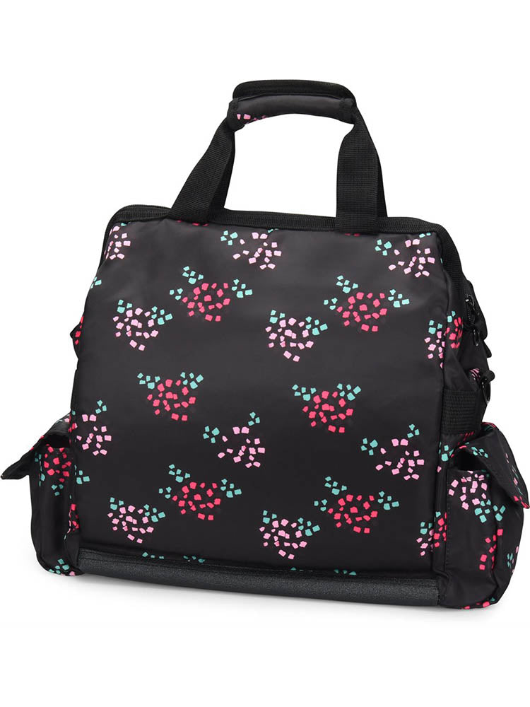 An image of the NurseMates Ultimate Medical Bag from the back in "Confetti Flower with Ribbon" featuring heavy duty zippers & multiple compartments for maximum storage room.