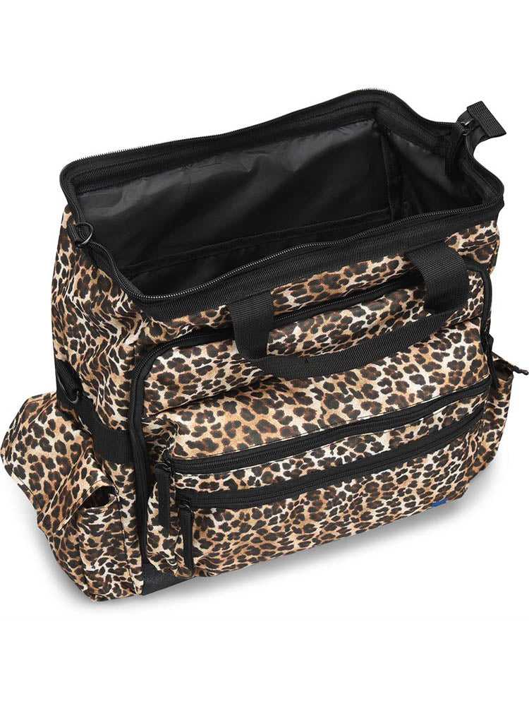 An image of the N urseMates Ultimate Medical Bag in "Cheetah Print" large hinged mouth for easy access to a roomy interior.