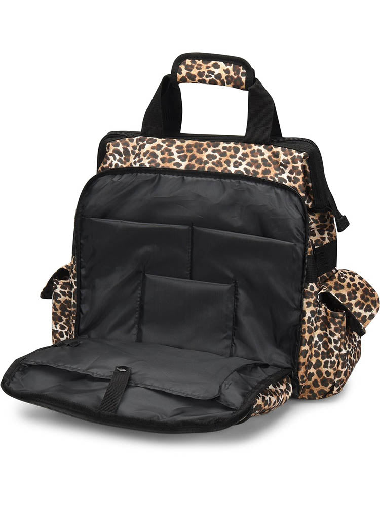 A picture of the Ultimate Medical Bag from NurseMates in "Cheetah Print" featuring a padded laptop compartment.
