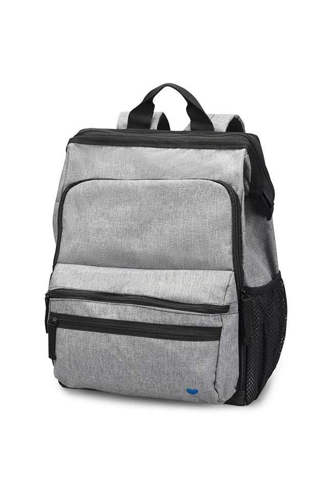 A frontward facing image of the Ultimate Backpack from NurseMates in "Grey Linen" featuring a top handle & a padded backing.
