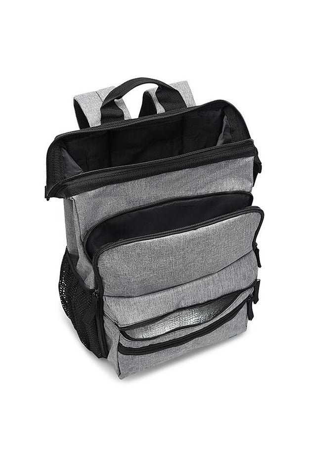 A top down view of the NurseMates Ultimate Backpack in "Grey Linen" featuring a large hinged mouth for easy access to roomy interior & heavy duty zippers & seams to ensure a reliable, long lasting product.