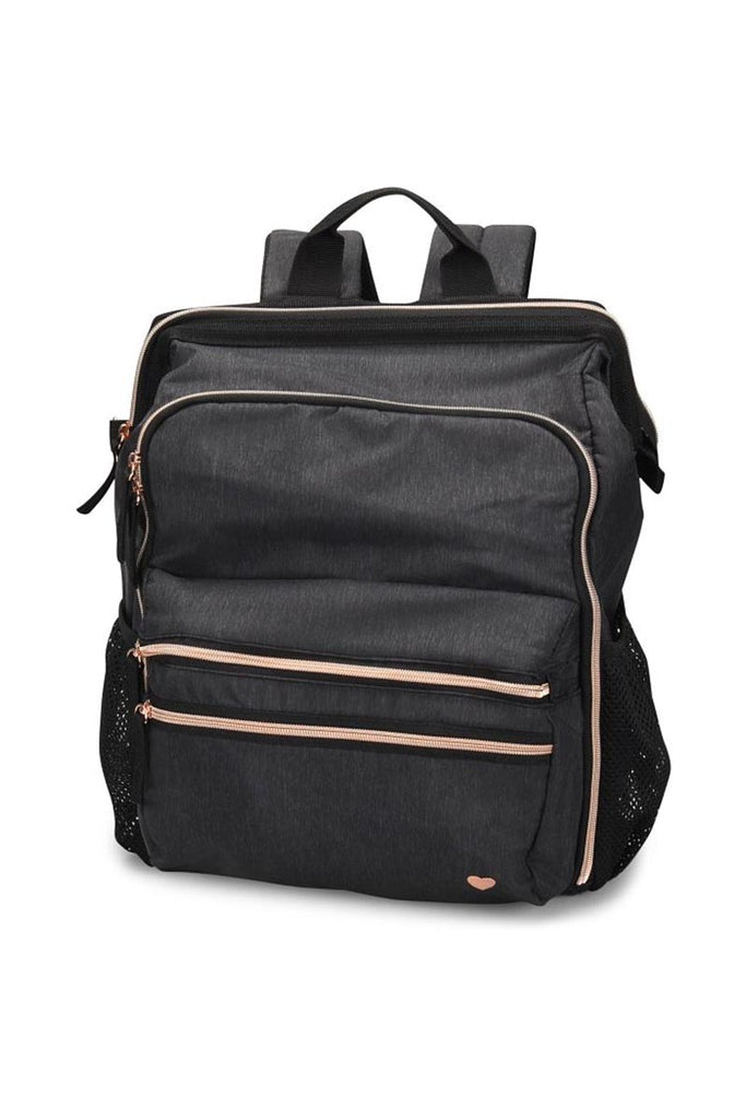 A frontward facing image of the Ultimate Backpack from NurseMates in "Charcoal\Rose Gold" featuring a top handle & a padded backing.