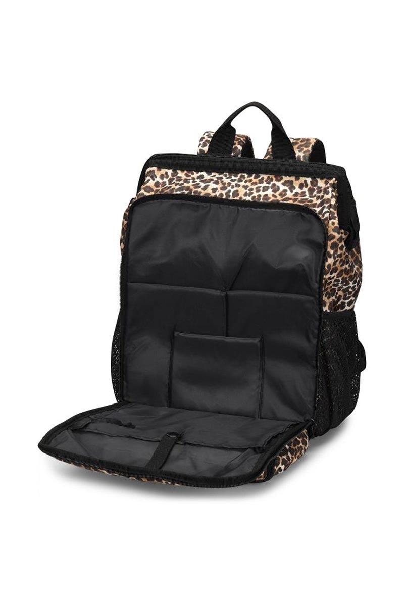 An image of the Nurse Mates Ultimate Backpack in "Cheetah Print" featuring an insulated front zipper pocket.