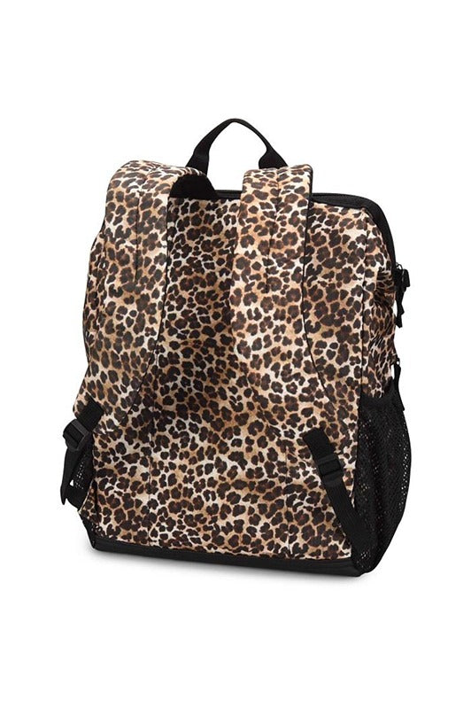 An image of the Ultimate Backpack from NurseMates in "Cheetah Print" featuring adjustable padded back straps to ensure a comfortable fit all day long.