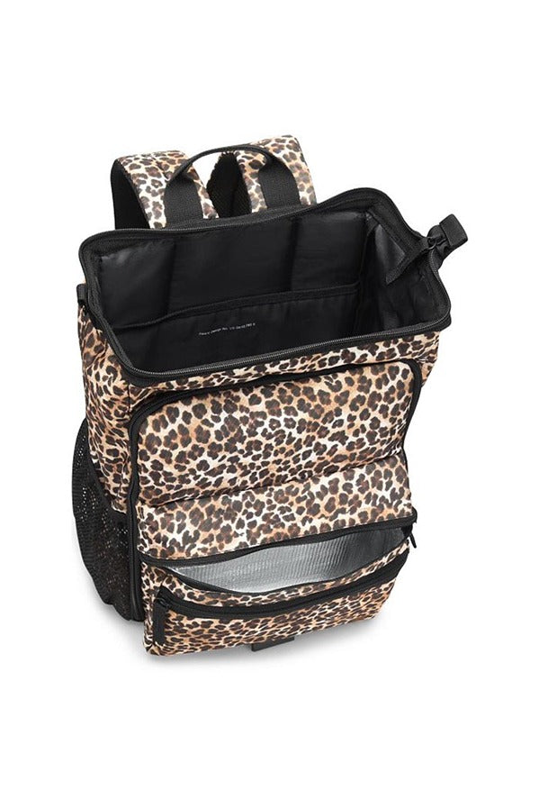 A top down view of the NurseMates Ultimate Backpack in "Cheetah Print" featuring a large hinged mouth for easy access to roomy interior & heavy duty zippers & seams to ensure a reliable, long lasting product.