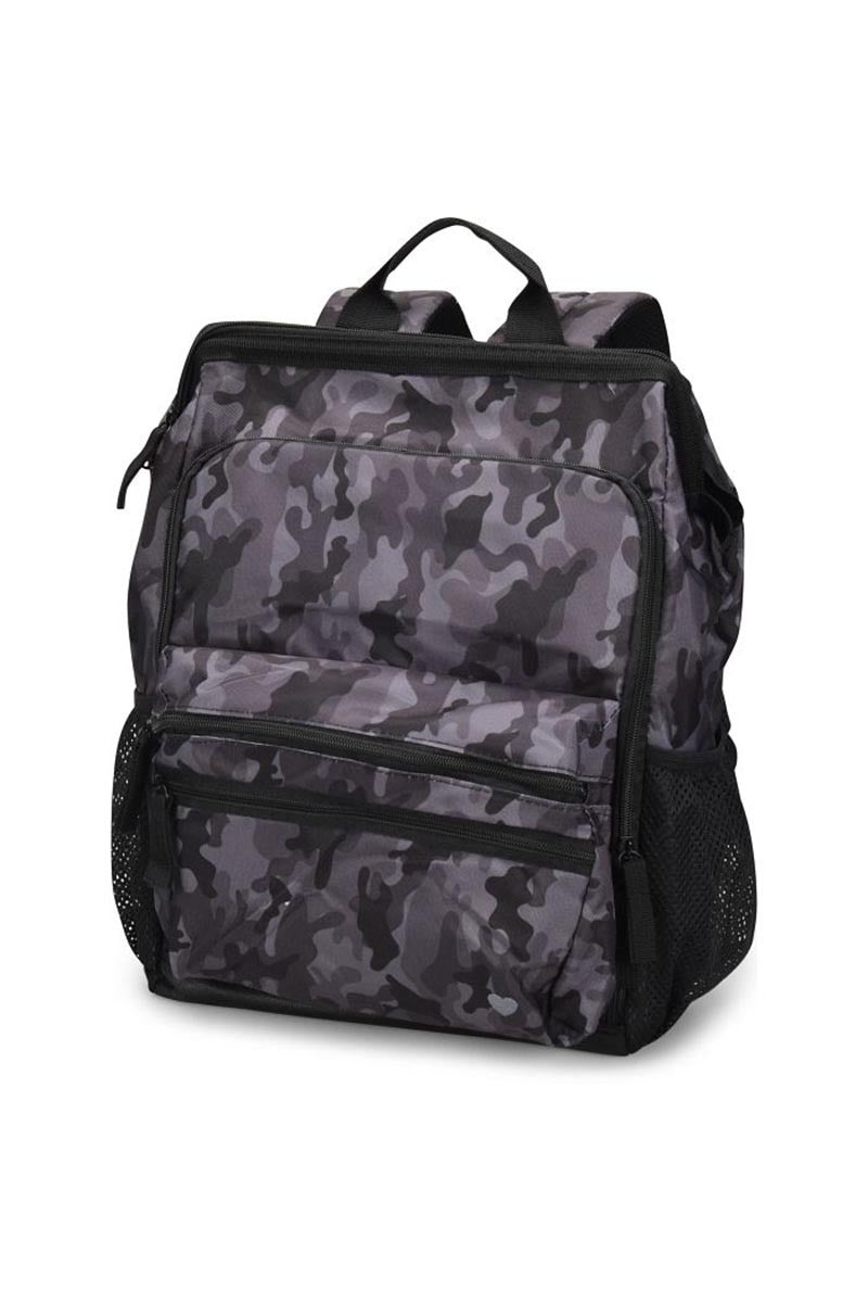A frontward facing image of the Ultimate Backpack from NurseMates in "Grey Camo" featuring a top handle & a padded backing.