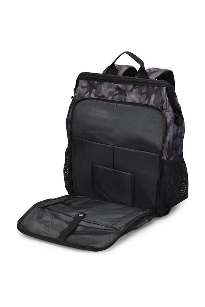 An image of the Nurse Mates Ultimate Backpack in "Grey Camo" featuring an insulated front zipper pocket.