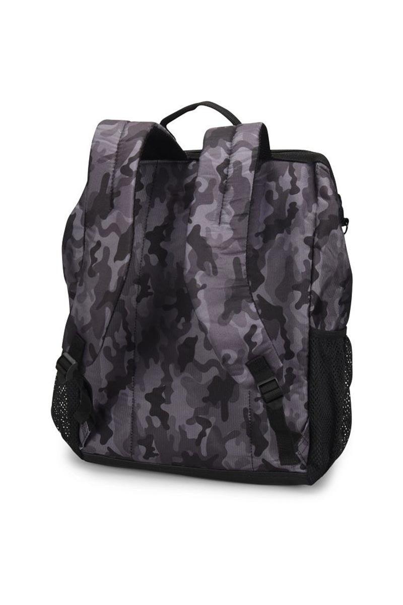 An image of the Ultimate Backpack from NurseMates in "Grey Camo" featuring adjustable padded back straps to ensure a comfortable fit all day long.